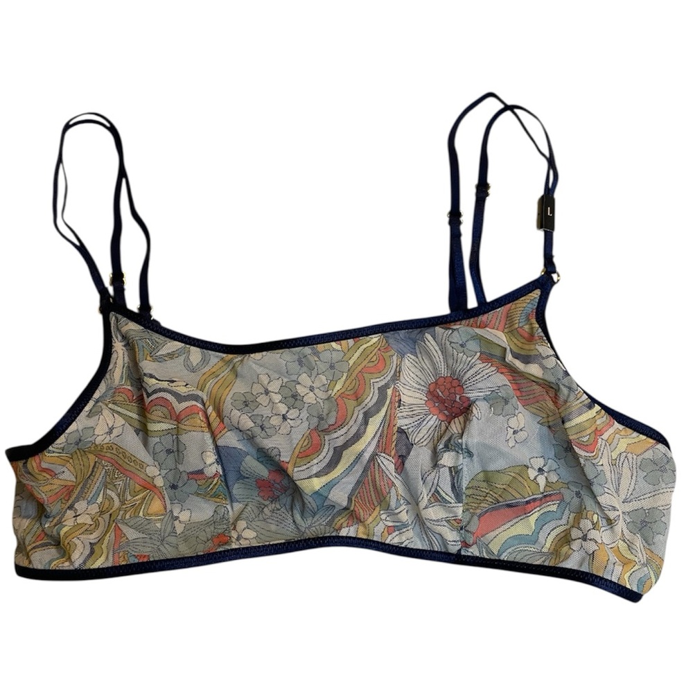 Victoria’s Secret Floral Mesh LRG Navy Trim Sheer Coquette Boho Bralette 2017